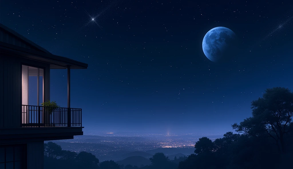 the view is from the balcony and you can see the moonlight and sky full of stars