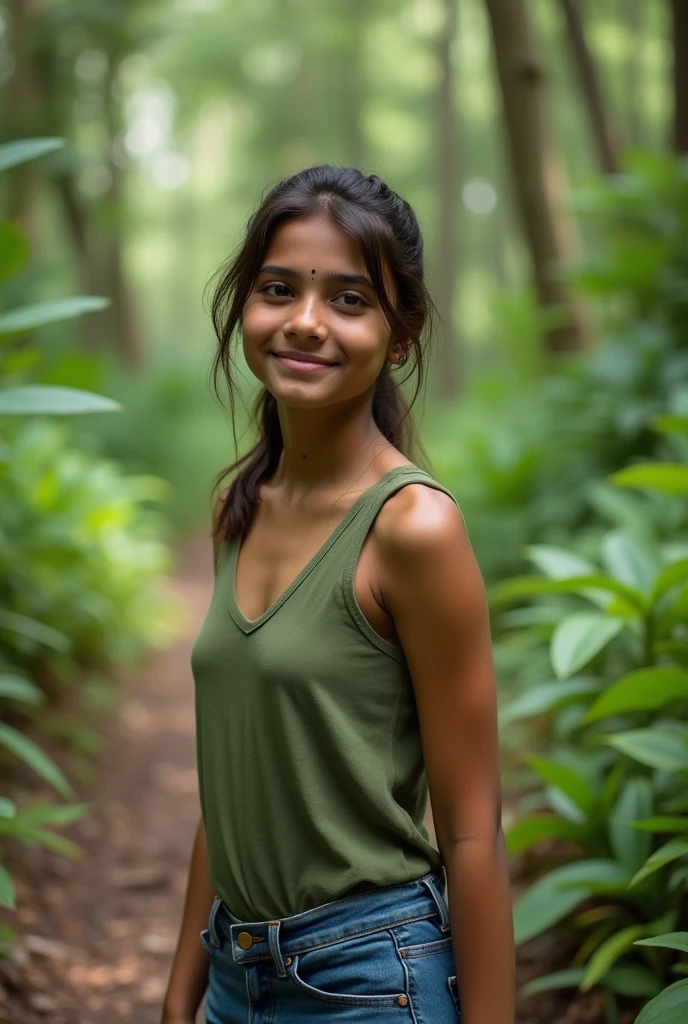 A Indian girl is posing in a natural trail in a jungle , she is wearing a loose green tank top tucked in her jeans , Her brown hair is tied in such a way that only 2 loose strands are falling on the either side of her face , shot with 85mm lens for ultra realistic image perspective, ultra bokeh mode , pretty cute girl , laughing shyly , blushing , sweaty