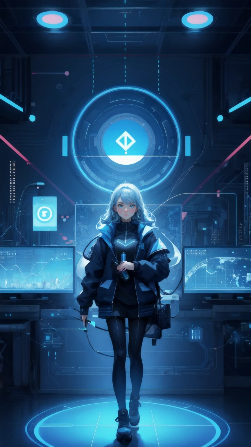 Create an image set in a high-tech, blue-themed environment, replacing the large octopus-like figure in a suit with a cute girl. The girl should have a determined and focused expression, exuding a sense of control as she uses her hands to manipulate puppet-like figures connected by strings. The scene should feature a detailed background filled with screens displaying data, charts, and digital symbols, capturing the theme of centralized control in a modern, technological world. The atmosphere should blend power, precision, and the intricate nature of manipulation within a digital landscape