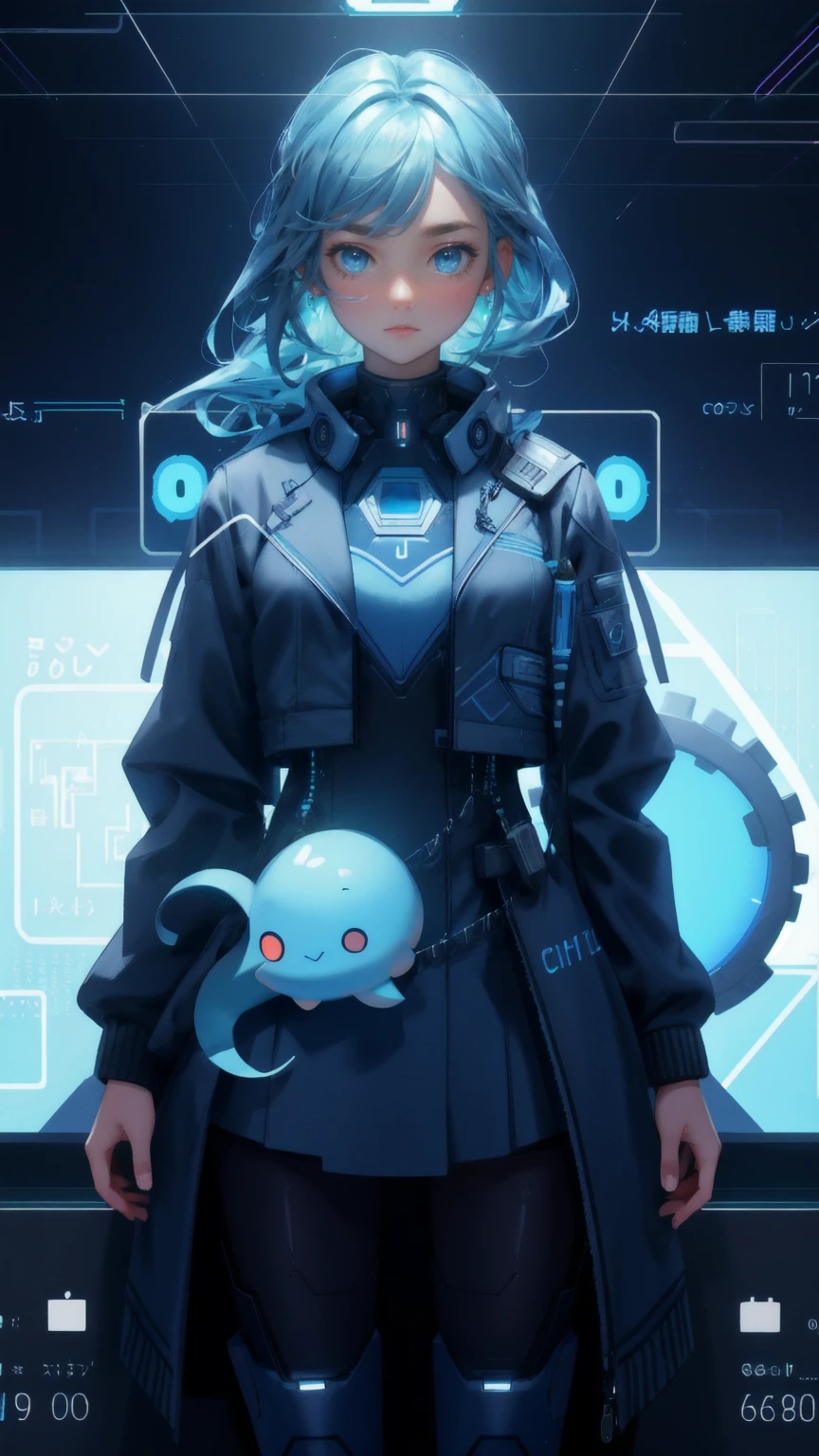 Create an image set in a high-tech, blue-themed environment, replacing the large octopus-like figure in a suit with a cute girl. The girl should have a determined and focused expression, exuding a sense of control as she uses her hands to manipulate puppet-like figures connected by strings. The scene should feature a detailed background filled with screens displaying data, charts, and digital symbols, capturing the theme of centralized control in a modern, technological world. The atmosphere should blend power, precision, and the intricate nature of manipulation within a digital landscape