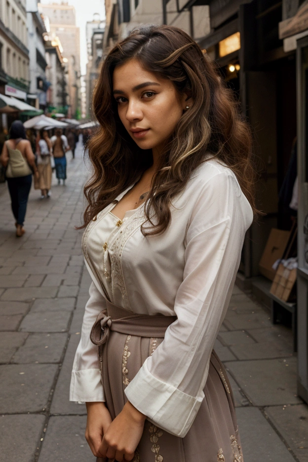 a Brazilian woman standing in a busy city scene. The woman is depicted with intricate shading that highlights her facial features, curly hair, and traditional clothing. The background shows a cityscape with a mix of modern buildings and street vendors, sketched with fine lines and attention to urban details. style is realistic with a touch of softness, emphasizing both the woman and her surroundings. The lighting is subtle, with careful use of shadow and highlights to create depth. High-resolution, hyper-detailed