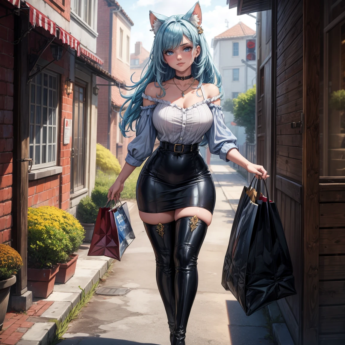 Masterpiece, beautiful art, 8k, art style by sciamano240, very detailed face, detailed hair, detailed clothes, detailed fabric, 1girl, beautiful face, long hair, light blue hair , model head shot, facing camera, very detailed blue cat eyes, sultry smile, wearing classy fall clothes, black dior thigh boots, black pencil skirt, walking , out shopping, necklace, chocker, rosey cheeks, sunny fall setting, full body view, photorealistic, indirect lighting, volumetric light, ray tracing, hyper-detailed, best quality, ultra-high resolution, HDR, (8k, Best Quality, Masterpiece:1.2), Ultra Detail, RAW Photo, Super Resolution, Professional Photo, Extremely Detailed and Beautiful, lot of drool, sweat, belly inflation