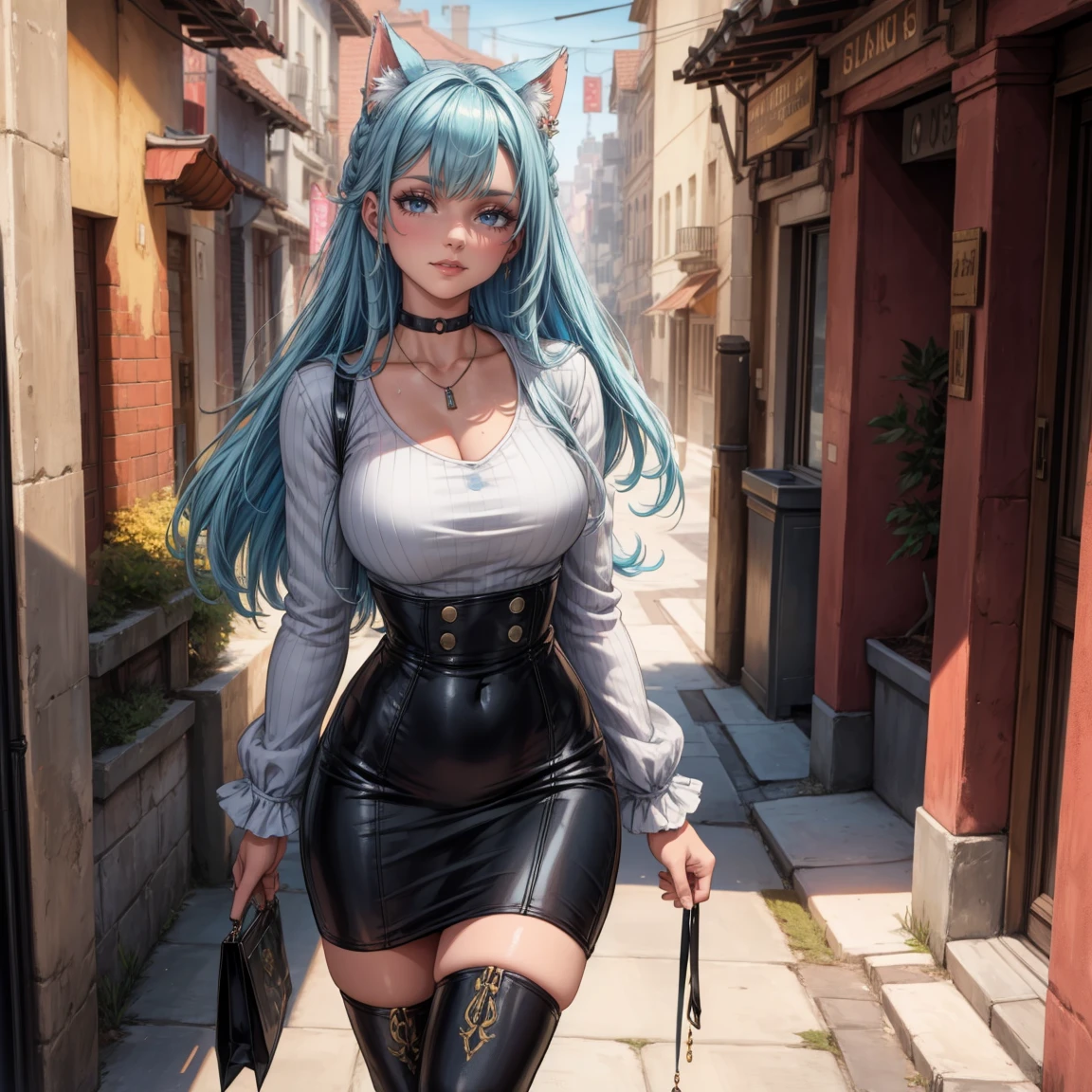 Masterpiece, beautiful art, 8k, art style by sciamano240, very detailed face, detailed hair, detailed clothes, detailed fabric, 1girl, beautiful face, long hair, light blue hair , model head shot, facing camera, very detailed blue cat eyes, sultry smile, wearing classy fall clothes, black dior thigh boots, black pencil skirt, walking , out shopping, necklace, chocker, rosey cheeks, sunny fall setting, full body view, photorealistic, indirect lighting, volumetric light, ray tracing, hyper-detailed, best quality, ultra-high resolution, HDR, (8k, Best Quality, Masterpiece:1.2), Ultra Detail, RAW Photo, Super Resolution, Professional Photo, Extremely Detailed and Beautiful, lot of drool, sweat, belly inflation