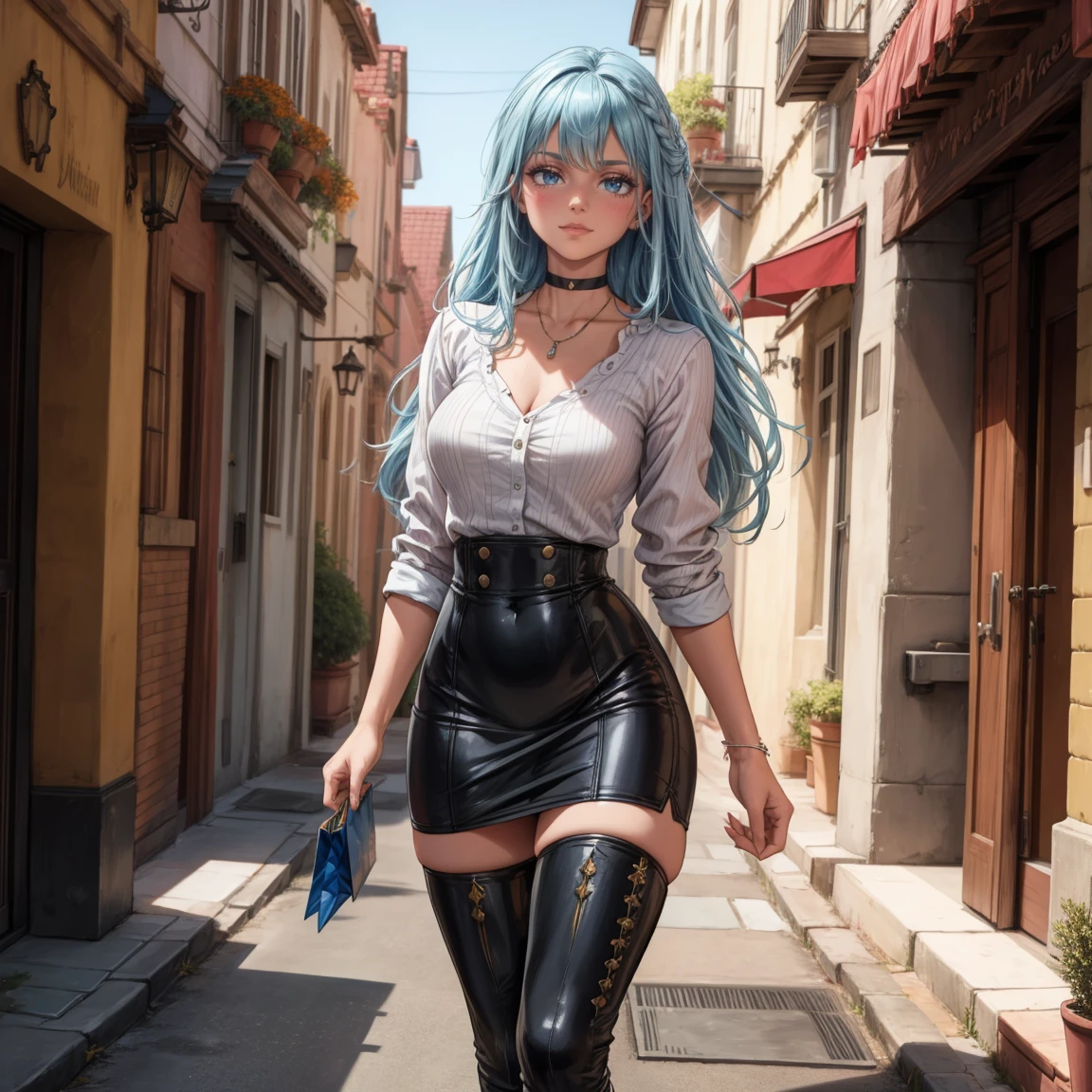 Masterpiece, beautiful art, 8k, art style by sciamano240, very detailed face, detailed hair, detailed clothes, detailed fabric, 1girl, beautiful face, long hair, light blue hair , model head shot, facing camera, very detailed blue cat eyes, sultry smile, wearing classy fall clothes, black dior thigh boots, black pencil skirt, walking , out shopping, necklace, chocker, rosey cheeks, sunny fall setting, full body view, photorealistic, indirect lighting, volumetric light, ray tracing, hyper-detailed, best quality, ultra-high resolution, HDR, (8k, Best Quality, Masterpiece:1.2), Ultra Detail, RAW Photo, Super Resolution, Professional Photo, Extremely Detailed and Beautiful, lot of drool, sweat, belly inflation