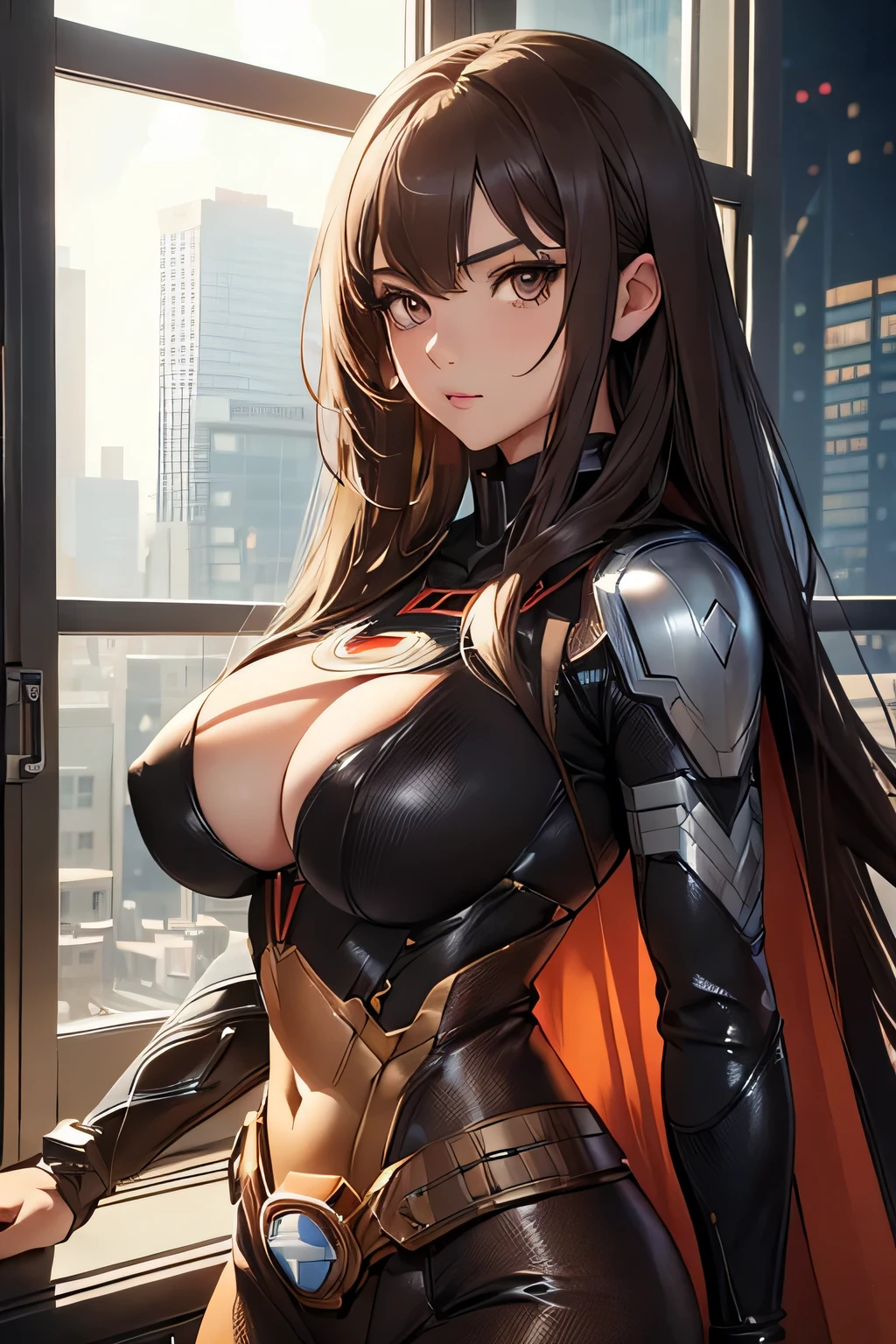 1 woman, long hair, large breasts, ((detailed eyes:1.2, brown eyes)), ((superhero outfit, cybersuit, boob window)), nsfw, sexy, sensual, masterpiece, top quality, best quality, official art, beautiful and aesthetic:1.2), extreme detailed, colorful, highest detailed