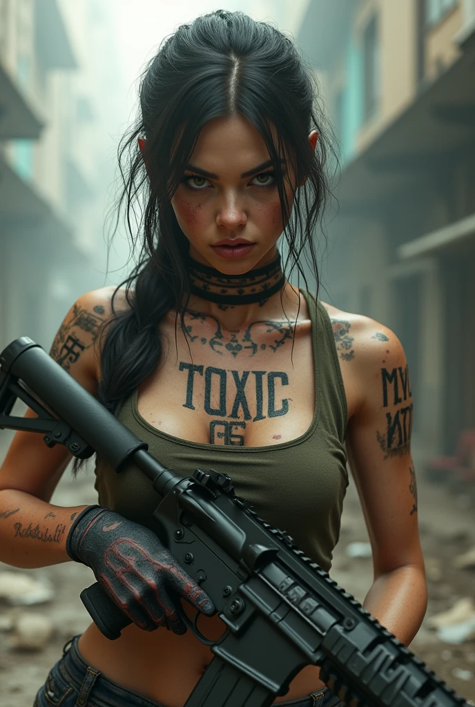 A Realistic toxic wounded girl who have toxic printed on his chest and 05 on his neck holding m416 gun in infected area . Ensure that tatoo are shown clearly.
