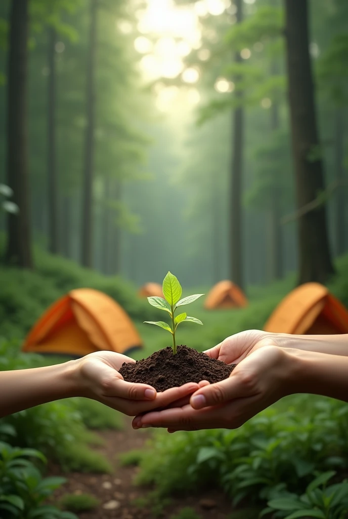 create a design that contains group camping activities with lots of tents in the forest without people, just tents with the focus of two hands holding tree seedlings 
