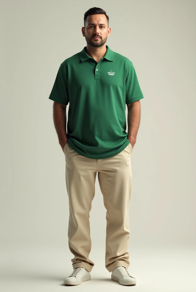 Standing Man wearing green shirt with cream colour pant with white shoe