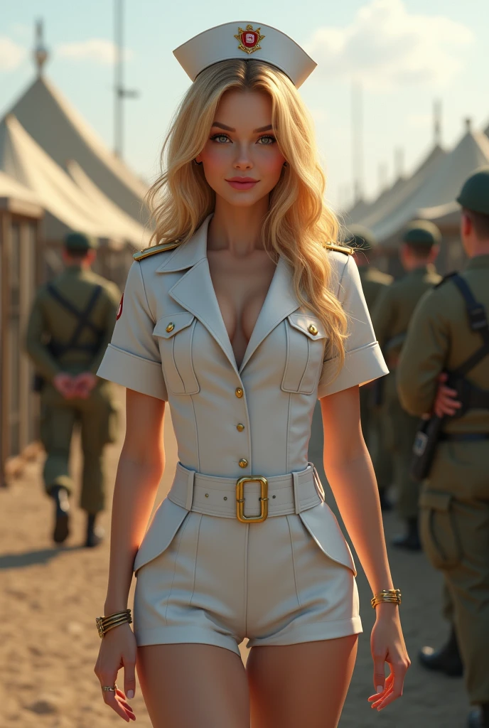 (photorealism:1.2), beautiful blonde woman, wearing nurse military outfit, in a military camp, cleavage, flirty