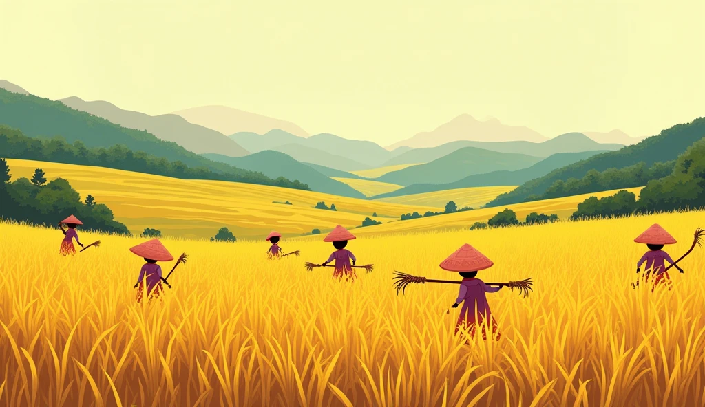 Vietnamese golden rice fields, many people cutting rice by sickle, minimalistic illustration, Meadows, in the style of cartoon-like characters, grainy, kidcore, violet and amber, piratepunk