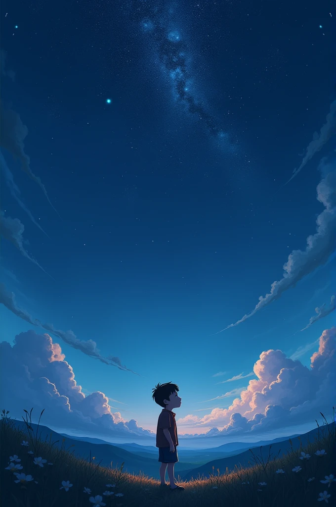 Create a wallpaper in 4k of a boy looking in the sky at night