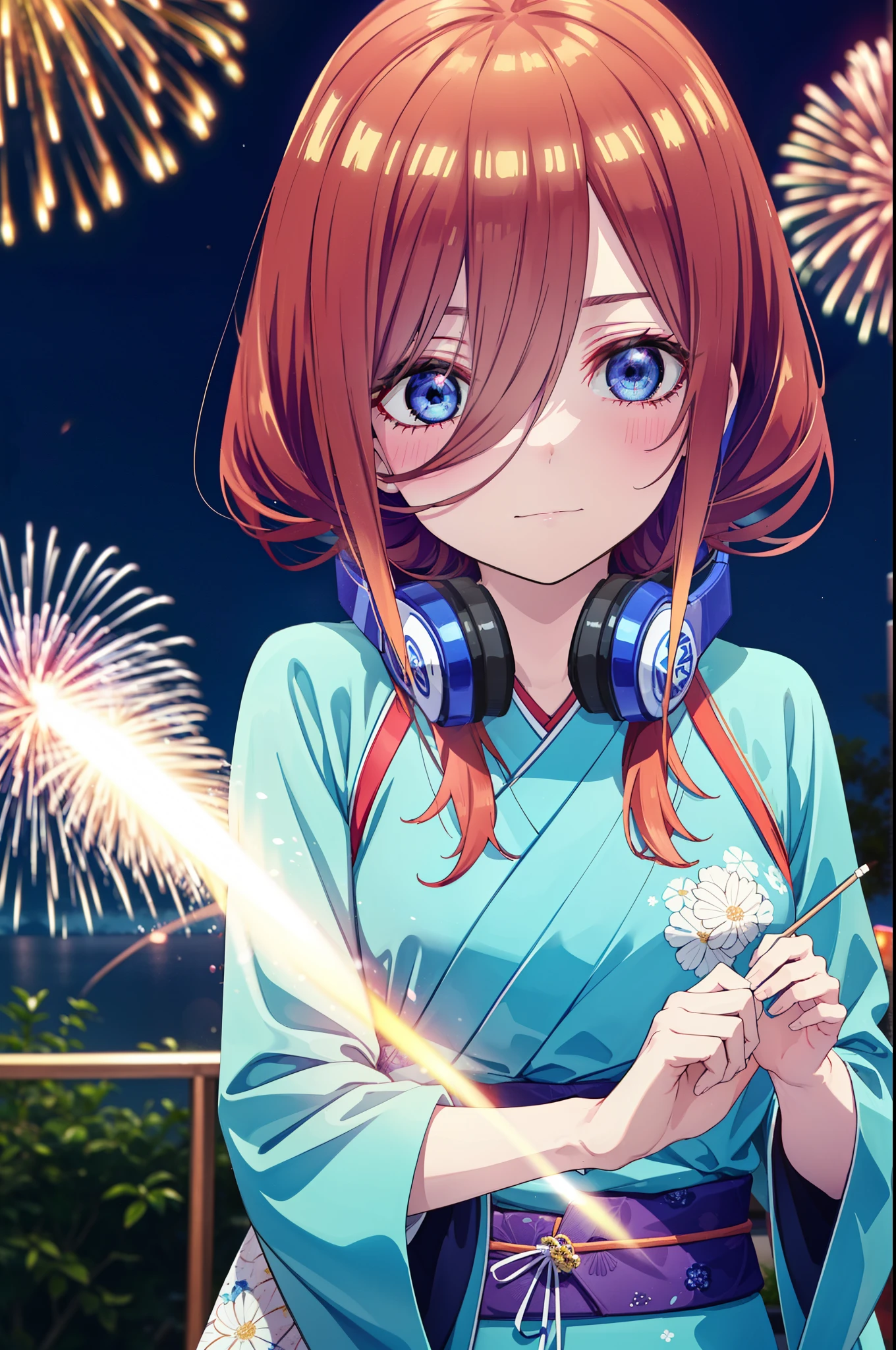 Miku Nakano, miku nakano, Long Hair, bangs, blue eyes, Brown Hair, shirt, Hair between the eyes, Headphones around neck,hair tied back,Flower Hair Ornaments,smile,blush,Blue Kimono,Fireworks in the night sky,Fireworks,The place is a fireworks display,Time is night,sunny day,日本のfestival,夏festivalの屋台,Red lantern,whole bodyがイラストに入るように,
break outdoors, garden,festival,
break looking at viewer, whole body, (Cowboy Shot:1. 5),
break (masterpiece:1.2), Highest quality, High resolution, unity 8k wallpaper, (figure:0.8), (Beautiful attention to detail:1.6), Highly detailed face, Perfect lighting, Highly detailed CG, (Perfect hands, Perfect Anatomy),