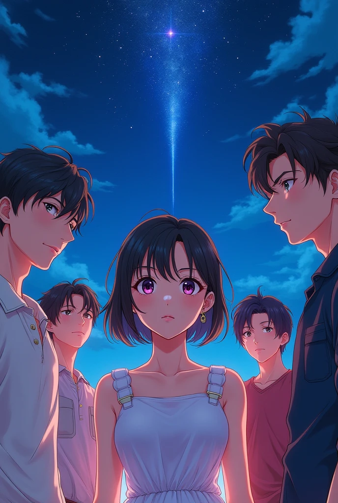 Put some shooting star in Here background of another version of Meteor Garden you can make it like anime one girl is in the middle of 4 boys so 2 boys in her side and another 2 boys on the other side of her