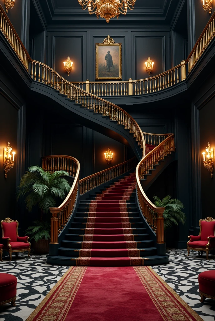 Make me a very large black room. There is a very luxurious and extravagant staircase upstairs. We are on the beach. It is the year 1982, so there are many details from that period and we are in a mansion of some luxurious mobsters.