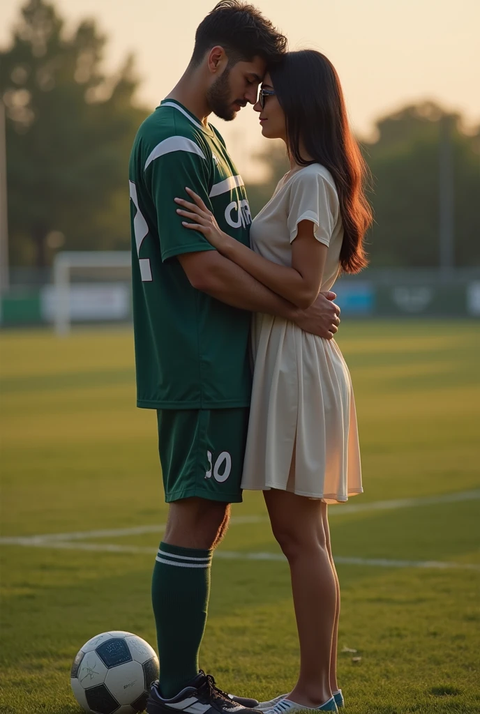 A man and woman standing in football ground. resting forehead on eachother. man is wearing 32 number jersey. Woman is wearing  a dress and glasses.she has black . A soccer ball is near man s  feet  and his foot resting on soccer ball . Make angle that man and woman not showing their faces. man is 1 feet taller than woman 
