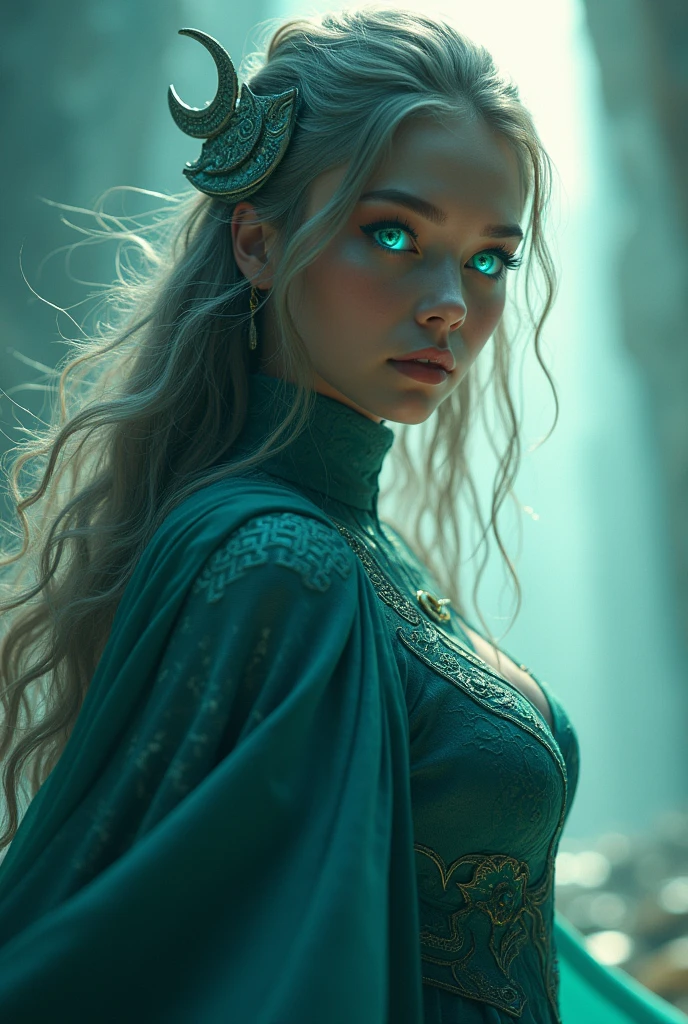 Super-heroin,very long hair, crescent hair ornament, multicolored eyes, aqua eyes, Realism, Fujicolor, god rays, symmetry, overexposure, f/4.0, UHD, accurate, high details, high quality, best quality, 16k, 1080P, HD,Full body