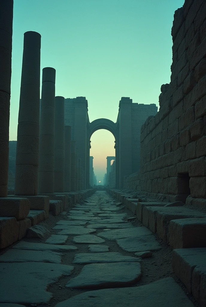 Cinematic photography of ancient Babylon, showing the ruins of the city with a somber atmosphere, during twilight with cool, muted colors and soft, diffused lighting, captured with a low-angle shot using the Sony Venice, Kodak Tri-X 400 film, 70-200mm zoom, with High Contrast color grading.