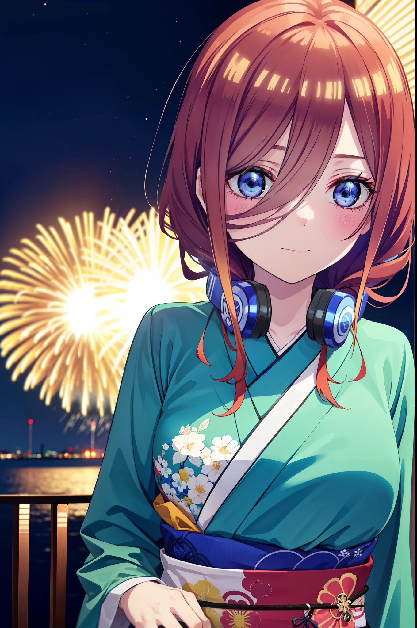 Miku Nakano, miku nakano, Long Hair, bangs, blue eyes, Brown Hair, shirt, Hair between the eyes, Headphones around neck,hair tied back,Flower Hair Ornaments,smile,blush,Blue Kimono,Fireworks in the night sky,Fireworks,The place is a fireworks display,Time is night,sunny day,日本のfestival,夏festivalの屋台,Red lantern,whole bodyがイラストに入るように,
break outdoors, garden,festival,
break looking at viewer, whole body, (Cowboy Shot:1. 5),
break (masterpiece:1.2), Highest quality, High resolution, unity 8k wallpaper, (figure:0.8), (Beautiful attention to detail:1.6), Highly detailed face, Perfect lighting, Highly detailed CG, (Perfect hands, Perfect ???????),