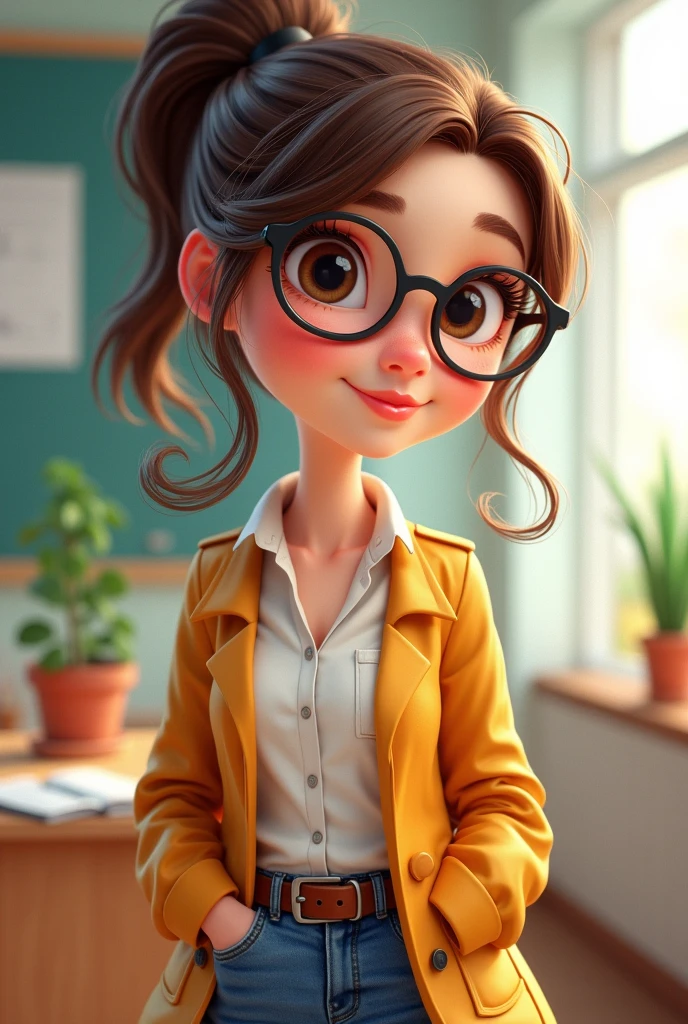 Beautiful teacher, Girl face, cartoon,  lively,  cute with fashionable clothes and glasses 

