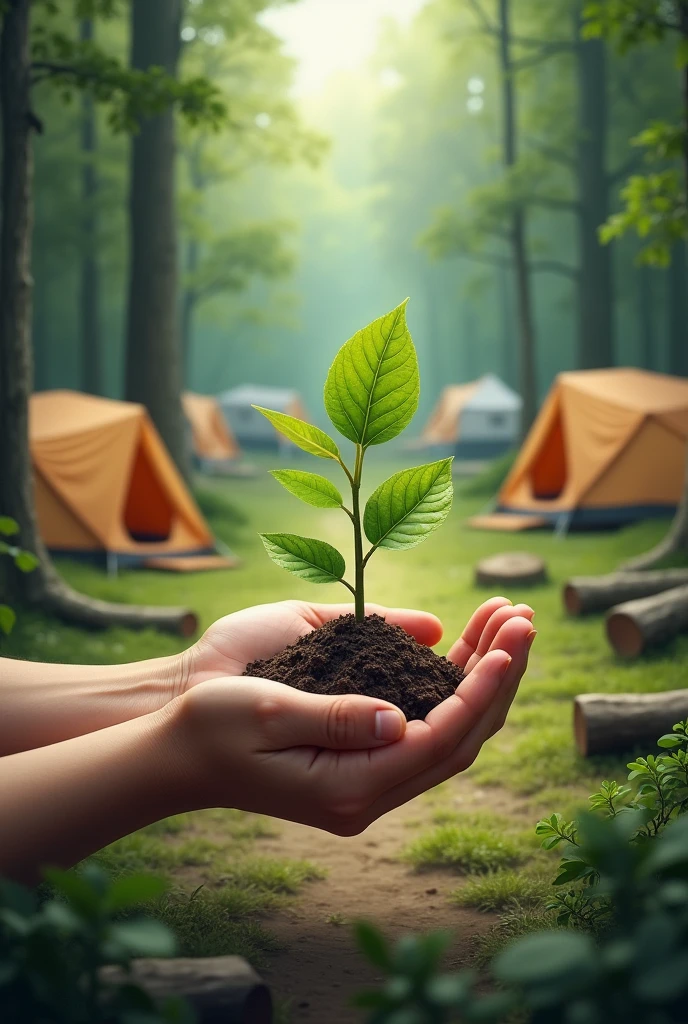 create a poster design that contains a group camping activity with lots of tents in the forest without people, just tents, with the focus on two hands holding tree seedlings