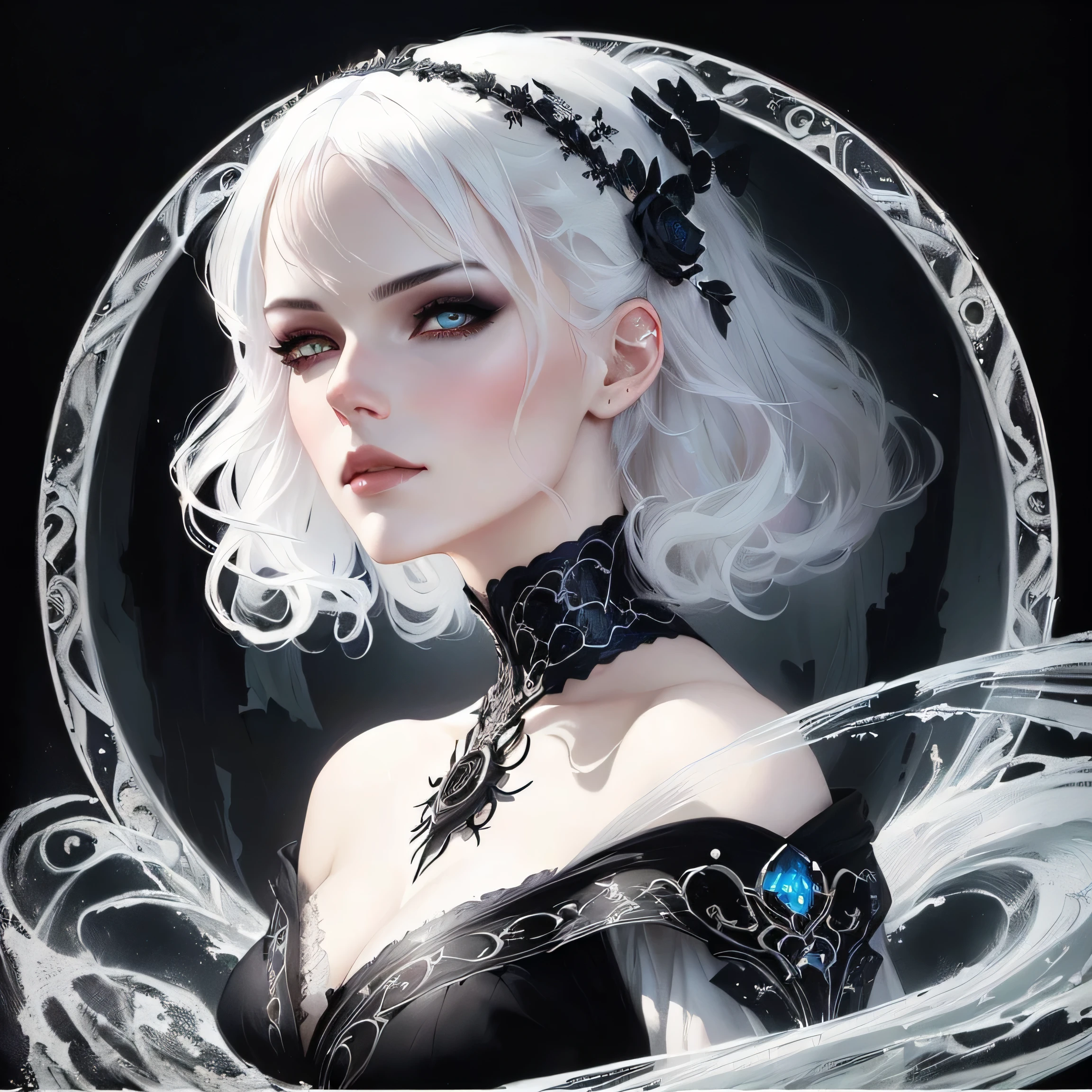 a close up of a woman with a black dress and a white hair, neoartcore and charlie bowater, gothic fantasy art, tom bagshaw artstyle, dark fantasy style art, gothic maiden anime girl, beautiful necromancer girl, tom bagshaw style, artstyle tom bagshaw, beautiful necromancer, in style of dark fantasy art