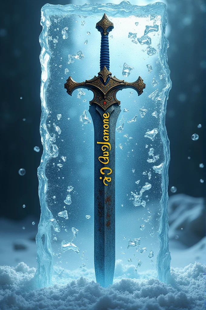 An old sword looks like a very dangerous and with ice background, stand in ice cube and write name on sword a'nbgold003'