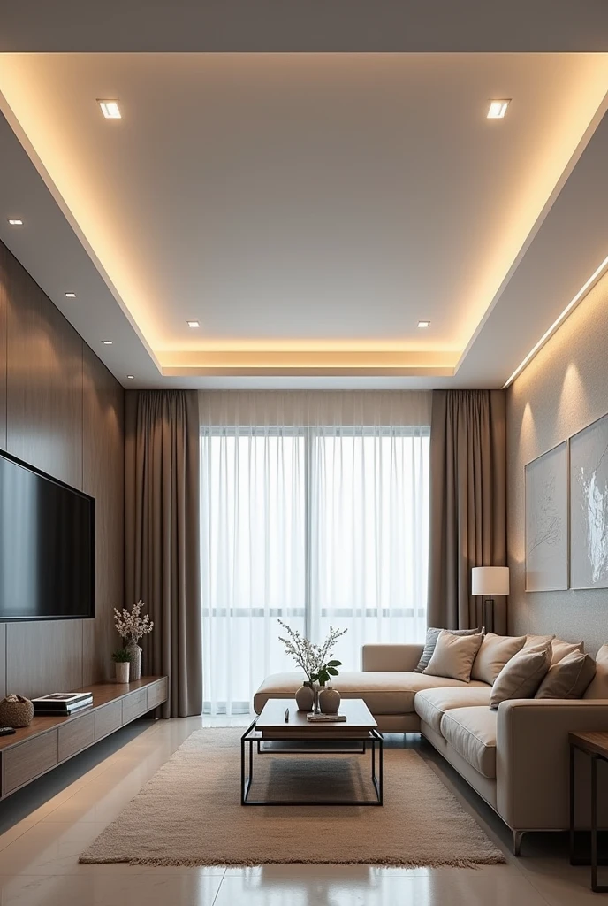 mujhe modren ceiling design chahiye h withoutbprofile light 14'*16' k liye drg. room k liye only one side window h 3 sides sofe dle hue h or 4th side tv lga h koi or design