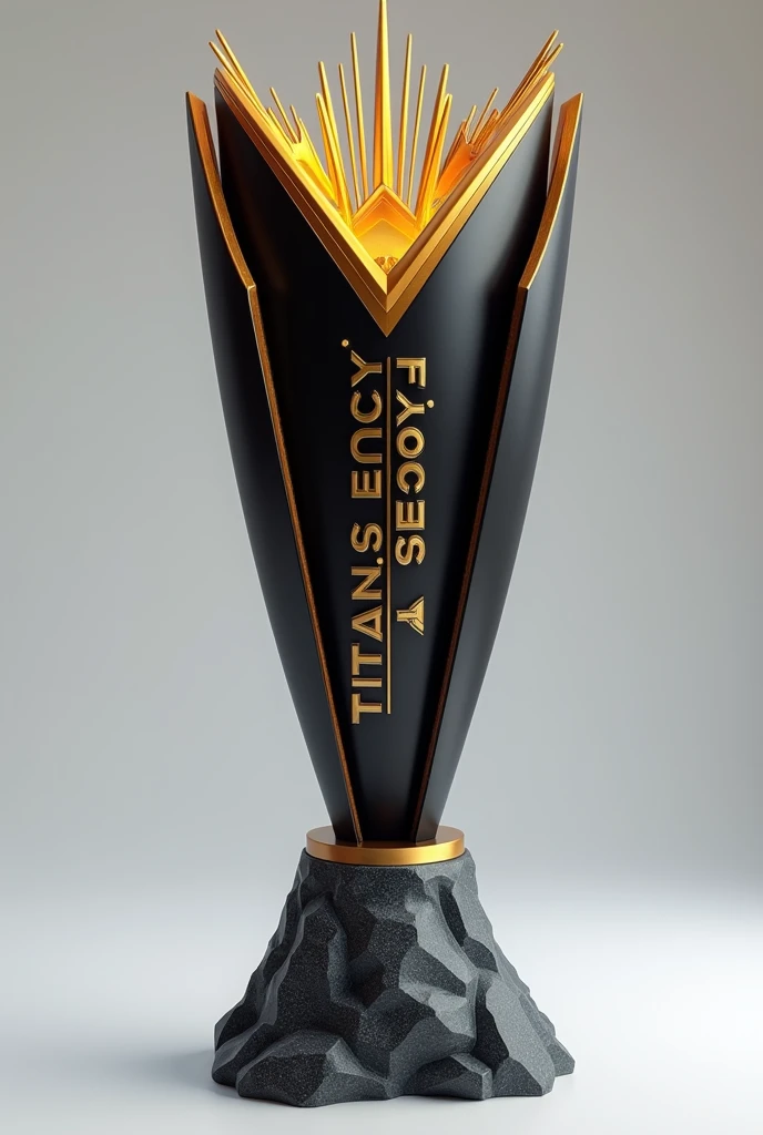 (photorealism:1.2)Estilo and Diseño:

Elegante and Futurista: El trofeo tiene un diseño muand estilizado con líneas limpias and afiladas que le dan un aspecto moderno and futurista.
Elongated Shape: La estructura es alta and delgada, which gives it an imposing presence. Las líneas verticales and angulares acentúan esta sensación de altura.
Colores and Materiales:

Negro and dorado: The trophy combines dark colors, negro, with details in a matte gold tone. Esto crea un contraste visual fuerte and elegante.
Surface : The finish appears to be matte, which suggests that the trophy is made with a 3D printer, 
Visual Elements:

upper part : En la upper part del trofeo, haand una corona fusionada entre la de un reand and una reina.  Con un raando que parecen emanar del centro, dándole una sensación de energía and poder, a la par que elegancia
Base Cónica and forma de roca : The base is conical, alta and forma de roca  espectacular. providing stability to the design.
Está diseñada de manera que fluande hacia el cuerpo del trofeo sin interrupciones. with great height Text:

"TITAN'S LEGACY" ("mvp") : the text ( mvp) and ( titan's legacand) On the trophy rock is written in a clean, raised font style , moderno and grande, in a golden tone that stands out against the dark base.
made with 3d printer 