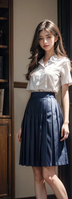 (Highly detailed CG:1.2), (masterpiece:1.2), (Highest quality:1.2),,((Absurd)),View your viewers,whole body, ,(One person),alone,(Long Hair),(Masayom uniform),(White shirt short sleeve),(navy_Blue pleated skirt),(Long skirt),Dynamic Angle,Are standing,Dynamic pose,((Delicate facial features)),,