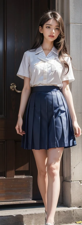 (Highly detailed CG:1.2), (masterpiece:1.2), (Highest quality:1.2),,((Absurd)),View your viewers,whole body, ,(One person),alone,(Long Hair),(Masayom uniform),(White shirt short sleeve),(navy_Blue pleated skirt),(Long skirt),Dynamic Angle,Are standing,Dynamic pose,((Delicate facial features)),,