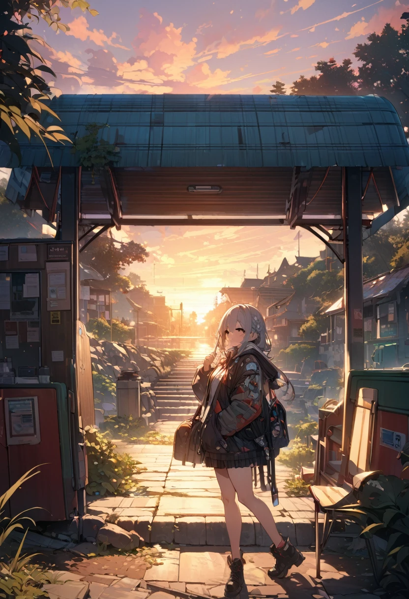 A female student standing at a deserted bus stop in the countryside、Look at me and smile、Raise one hand、Scenery of Showa、sunset、The shadow of the man looms over the woman、anime、masterpiece, best quality, high quality, detailed, ultra detailed, hyper detailed, insanely detailed, exquisite, beautiful, Full-HD, 4K, 8k, 16K、on right, side lighting