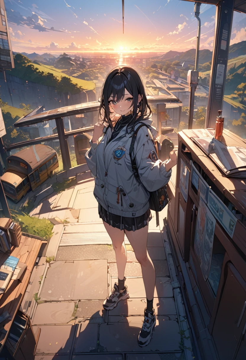 A female student standing at a deserted bus stop in the countryside、Look at me and smile、Raise one hand、Scenery of Showa、sunset、The shadow of the man looms over the woman、anime、masterpiece, best quality, high quality, detailed, ultra detailed, hyper detailed, insanely detailed, exquisite, beautiful, Full-HD, 4K, 8k, 16K、on right, side lighting