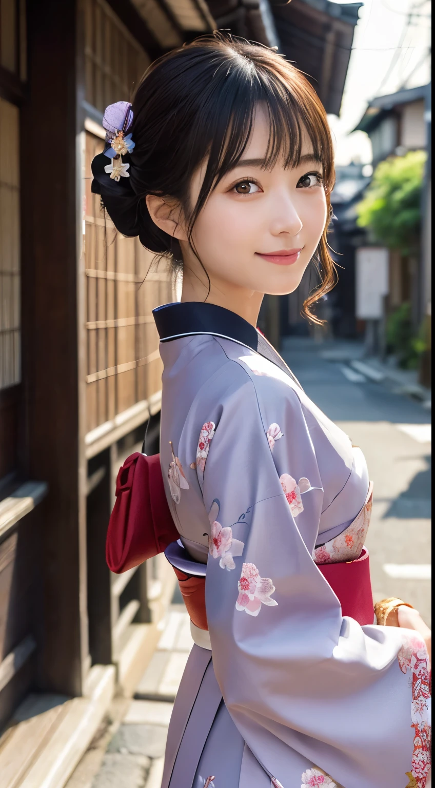Professional Lighting,(Photorealistic:1.4), (Top image quality:1.0), (超High resolution:1.0), 8k, Raw photography, (masterpiece:0.2), (Facing the children_v1:0.5)、(最高quality Detail:1.2)、Realistic、8k UHD、High resolution、(1 person:1.2)、超detailedな、High quality textures、複雑なdetailed、detailed、Very detailed CG、High quality shadows、detailed 美しく繊細な顔、Beautiful details and a delicate eye、(Symmetrical eyes:1.2),Written boundary depth、Ray Tracing,1 person, Japanese, (Natural smile:1.4),cute, thin, Portrait of a beautiful Japanese woman in a kimono, Standing elegantly on a street corner in Kyoto. Kimono with vibrant traditional patterns, Hair decorated with elegant and delicate hairpins, Gentle expression. (With the old streets of Kyoto in the background:1.4)、The soft light of a spring afternoon、Adding tranquility to the scene. Rendered in a Realistic style with great attention to detail, High resolutionの画像.Sky Porn, Magic Hour, (Realistic:1.3), finely, quality, (Tabletop:1.2), (Realistic:1.2), (最高quality), (複雑なdetailed), dramatic, Ray Tracing, photograph, +roller