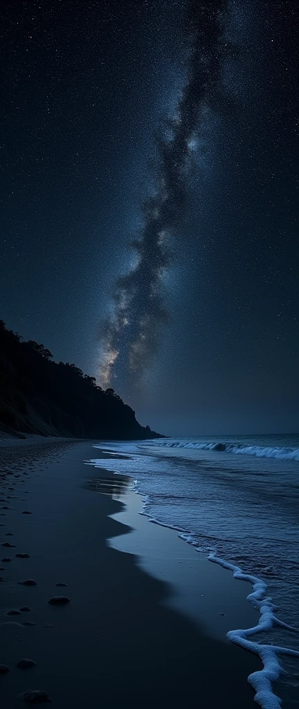 A photorealistic night scene of a beach with dark gray sand and shallow water reflecting the stars. Above the horizon, the Milky Way is clearly visible, creating a sense of vastness and solitude. The sky seems to stretch infinitely, adding mystery to the tranquil scene. The dark ocean merges with the night sky, their boundary blurred by the dim lighting. High contrast and a black background emphasize the intricate details of the stars and waves, enhancing the vividness of the scene.