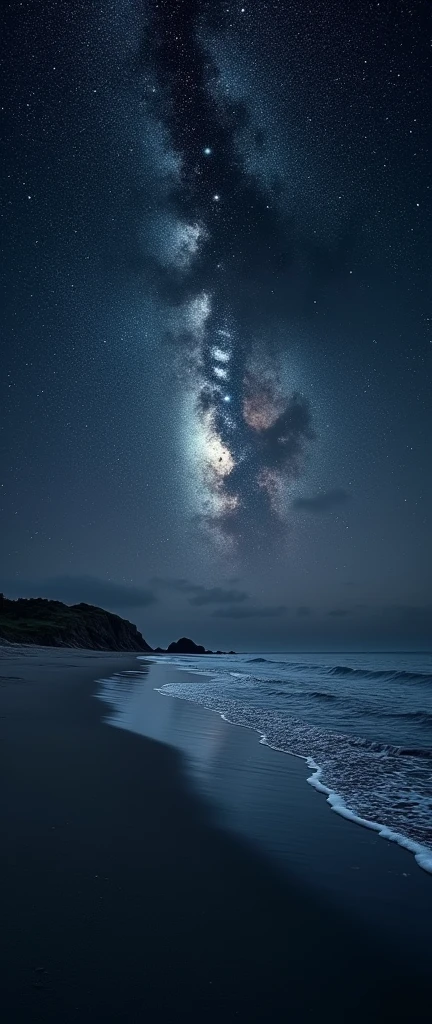 A photorealistic night scene of a beach with dark gray sand and shallow water reflecting the stars. Above the horizon, the Milky Way is clearly visible, creating a sense of vastness and solitude. The sky seems to stretch infinitely, adding mystery to the tranquil scene. The dark ocean merges with the night sky, their boundary blurred by the dim lighting. High contrast and a black background emphasize the intricate details of the stars and waves, enhancing the vividness of the scene.