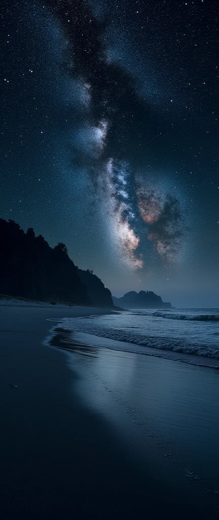 A photorealistic night scene of a beach with dark gray sand and shallow water reflecting the stars. Above the horizon, the Milky Way is clearly visible, creating a sense of vastness and solitude. The sky seems to stretch infinitely, adding mystery to the tranquil scene. The dark ocean merges with the night sky, their boundary blurred by the dim lighting. High contrast and a black background emphasize the intricate details of the stars and waves, enhancing the vividness of the scene.