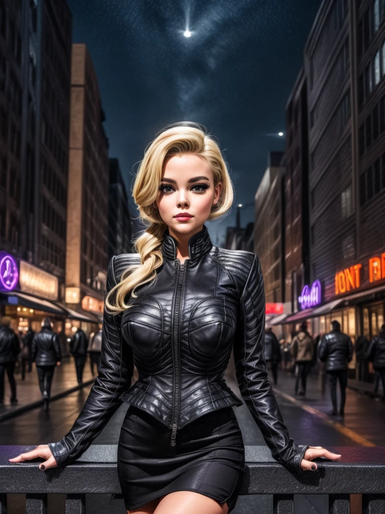 portrait, adult, long blonde victory roll hair, wearing At0mica, black leather jacket, zipper, long sleeves, skirt, sci-fi city at night background