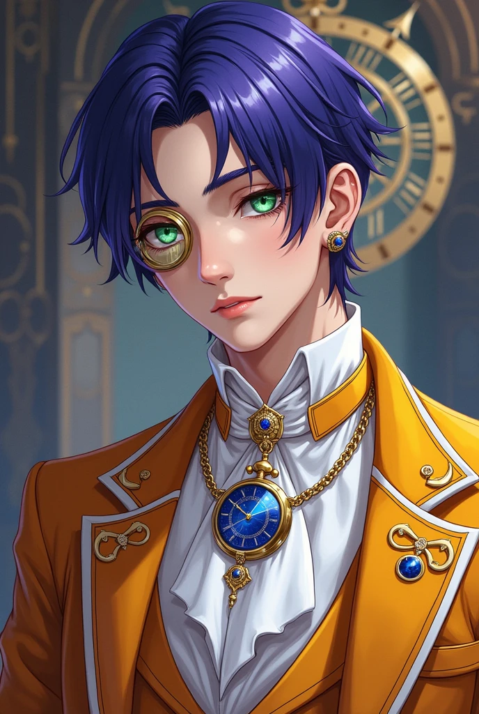 A young male idol with neat and elegant purple-blue hair. Wearing a European-style performance outfit based on amber and white, European suits combining Gothic and Baroque styles, Stylized like a modern fashion model. Wearing a gold monocle、He has a sapphire blue pocket watch. Green Eyes. Stylish earrings to match your outfit.
In the background、Deus ex Machina logo with a time travel clock symbol. The main color is #e8b923.