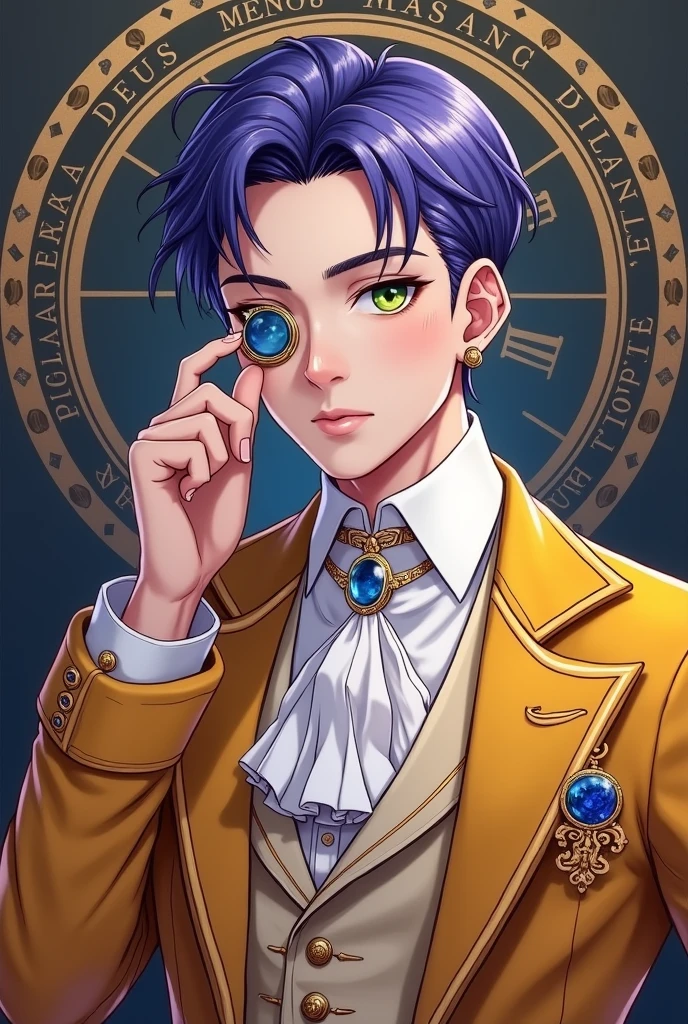 A young male idol with neat and elegant purple-blue hair. Wearing a European-style performance outfit based on amber and white, European suits combining Gothic and Baroque styles, Stylized like a modern fashion model. Wearing a gold monocle、He has a sapphire blue pocket watch. Green Eyes. Stylish earrings to match your outfit.
In the background、Deus ex Machina logo with a time travel clock symbol. The main color is #e8b923.