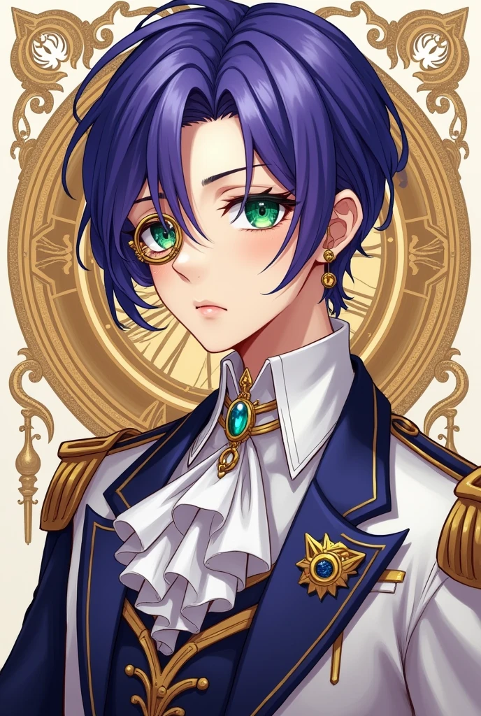 A young male idol with neat and elegant purple-blue hair. Wearing a European-style performance outfit based on amber and white, European suits combining Gothic and Baroque styles, Stylized like a modern fashion model. Wearing a gold monocle、He has a sapphire blue pocket watch. Green Eyes. Stylish earrings to match your outfit.
In the background、Deus ex Machina logo with a time travel clock symbol. The main color is #e8b923.