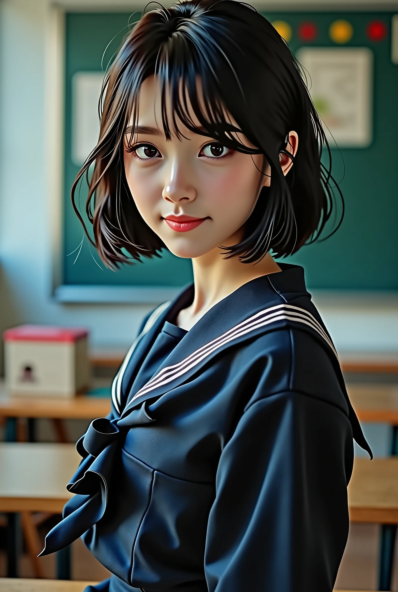 Highest quality, Face Focus, Soft Light, Ultra-high resolution,but), A bit of a Yankee, with beautiful details, (Small box),(High resolution detail of human skin texture), (Short Bob Hair), break, In the classroom,Navy uniform, Best, skirt