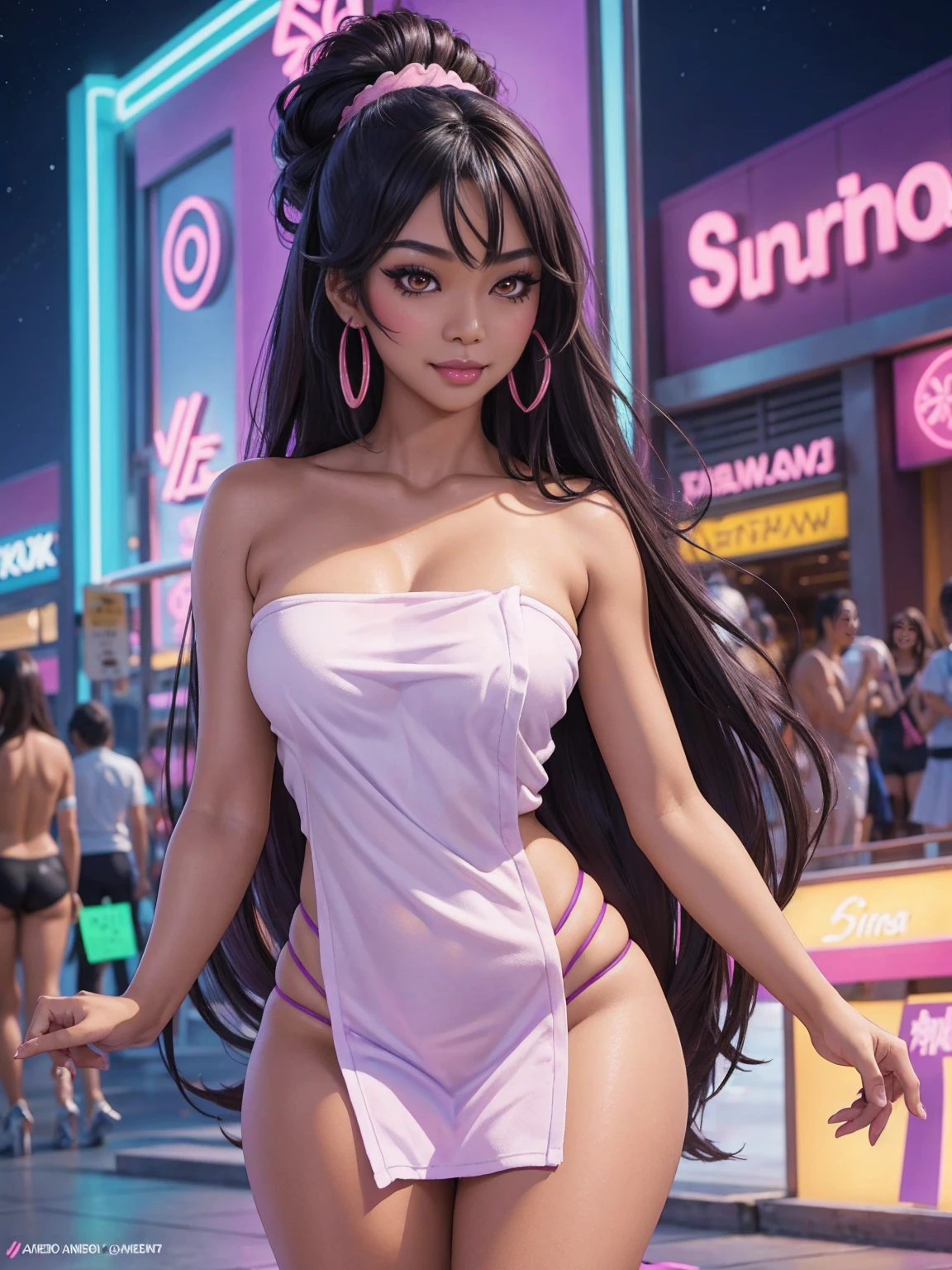 (SFW y tanned Polynesian|Asian woman, extremely_long_hair, slanted Asian eyes, hourglass figure, perfect eyeliner:1.2), (masterpiece:1.4, best quality), medium brenity 8k wallpaper, ultra detailed, (shopping in crowded plaza, purple pink yellow neon lights:1.3), alluring pose, upper body, narrow_waist, beautiful and aesthetic, detailed, solo, naked towe