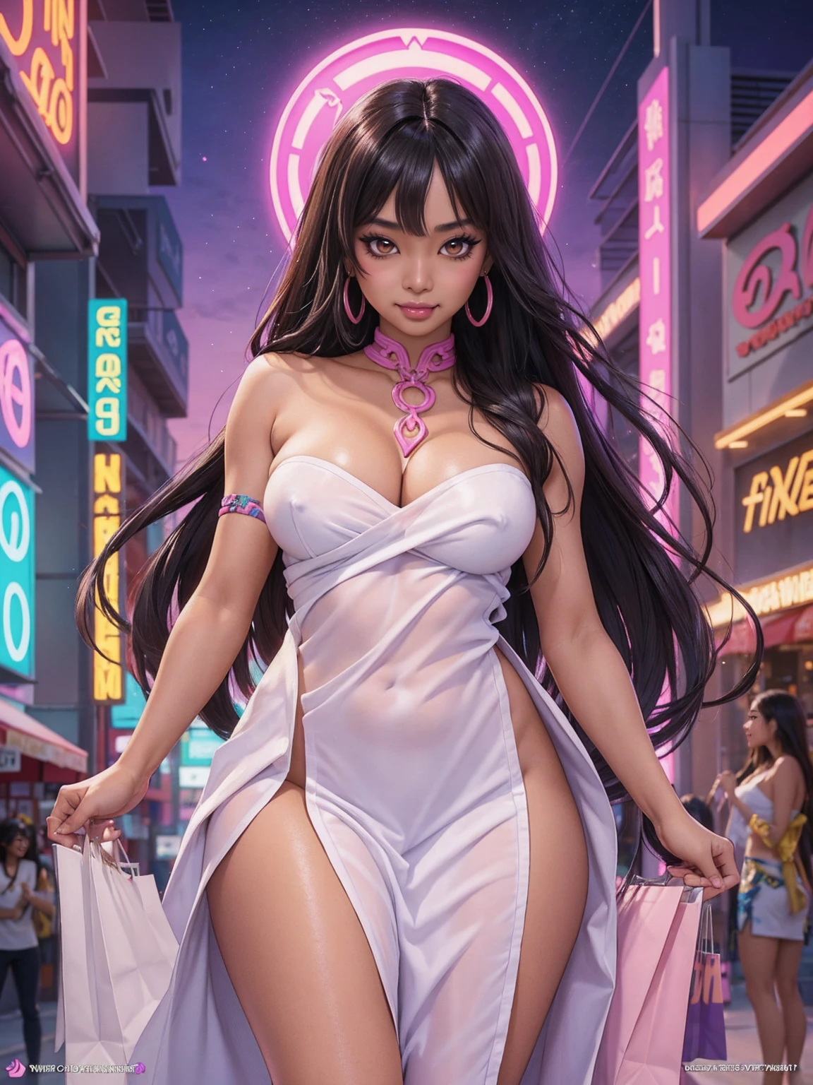 (SFW sexy tanned Polynesian|Asian woman, extremely_long_hair, slanted Asian eyes, hourglass figure, perfect eyeliner:1.2), (masterpiece:1.4, best quality), medium breasts, unity 8k wallpaper, ultra detailed, (shopping in crowded plaza, purple pink yellow neon lights:1.3), alluring pose, upper body, narrow_waist, beautiful and aesthetic, detailed, solo, naked towel