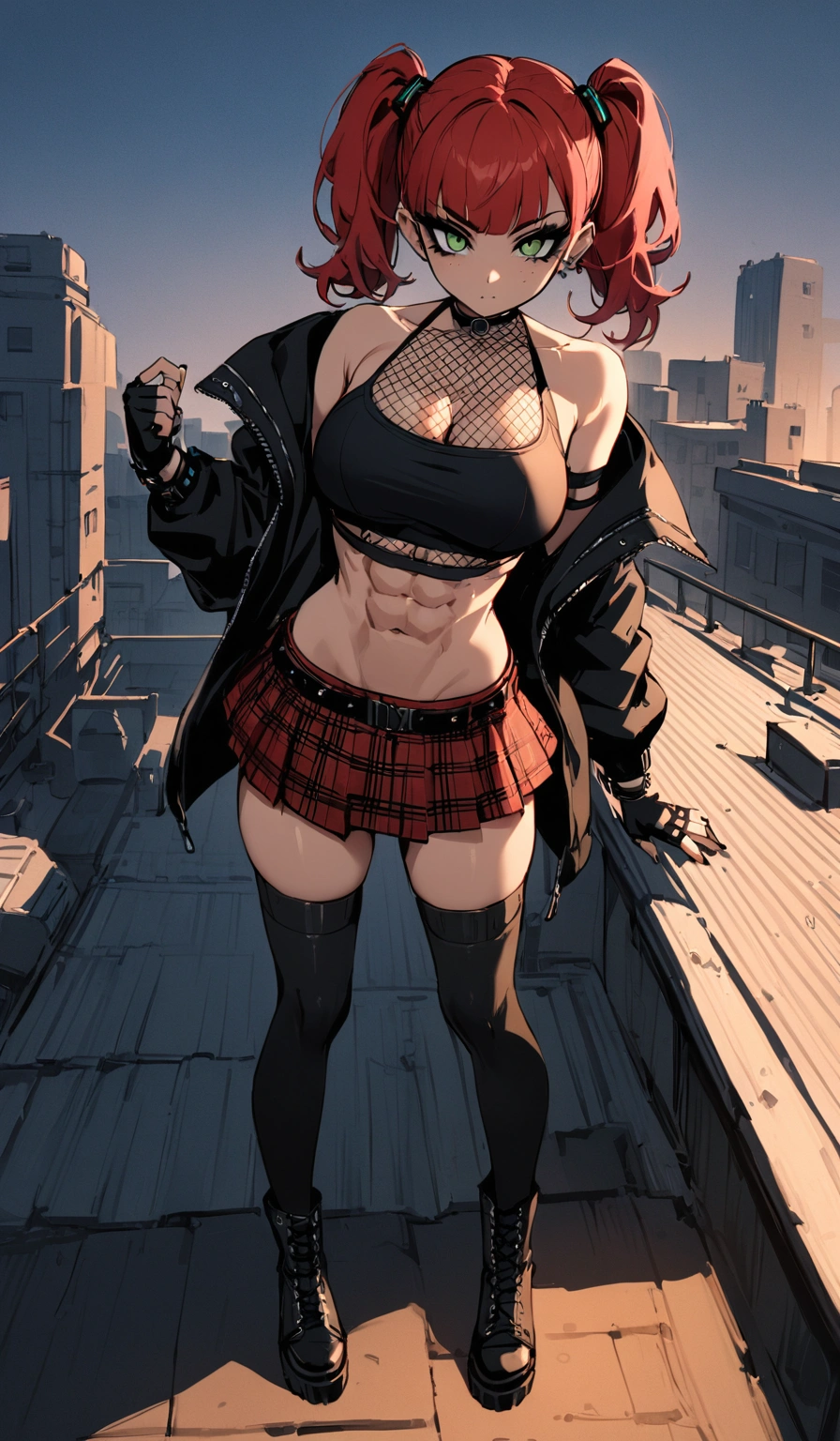 woman, stoic, curly red hair in pig tails, green eyes, black eyeshadow, wearing crop top black shirt, long black jacket, red plaid skirt, black knee high boots, black fingerless gloves, exposed shoulders, large breasts, freckles, abs, cleavage, looking down at viewer, masterpiece, best quality, Holo-Punk Style, on a rooftop, make up, eyelashes, fish net undershirt, fish net stockings, (full body)