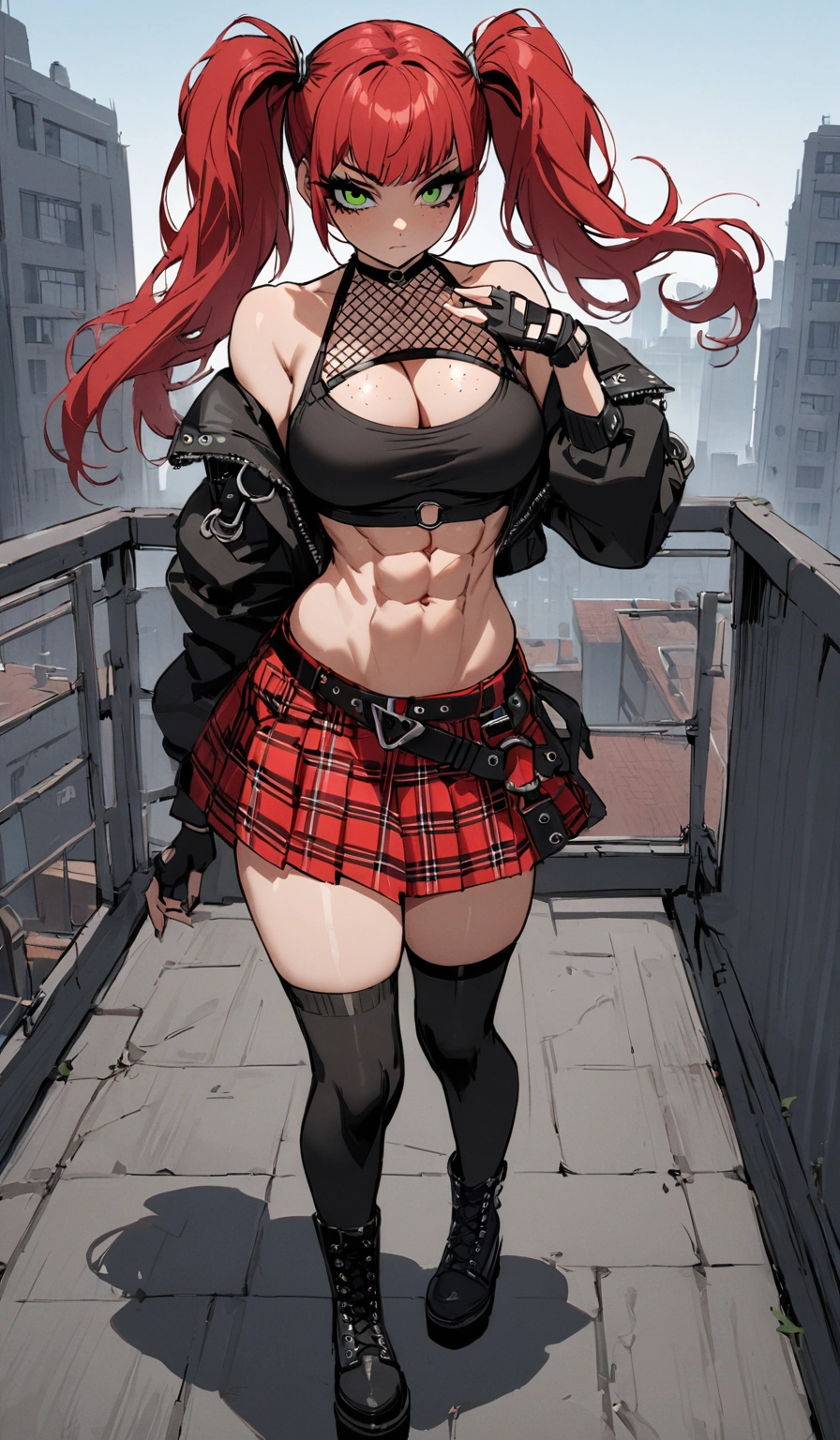 woman, stoic, curly red hair in pig tails, green eyes, black eyeshadow, wearing crop top black shirt, long black jacket, red plaid skirt, black knee high boots, black fingerless gloves, exposed shoulders, large breasts, freckles, abs, cleavage, looking down at viewer, masterpiece, best quality, Holo-Punk Style, on a rooftop, make up, eyelashes, fish net undershirt, fish net stockings, (full body)