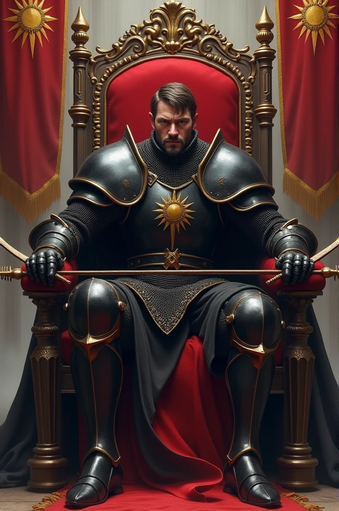 A knight clad in black armor, an arrow and a bow in hand, has collided with a target. The knight is seated on a throne of kingship, with red fabric and golden borders, and he is looking at the camera. In the background, on the left and right sides, there are flags hanging, red in color, with a golden sun on them.