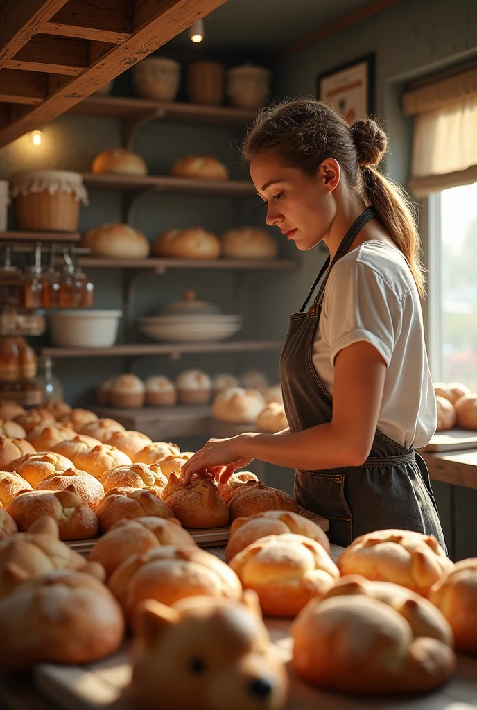 Bakery, woman baking and taking out baked goods from the oven, bread in the shape of pets, detail details, real, real