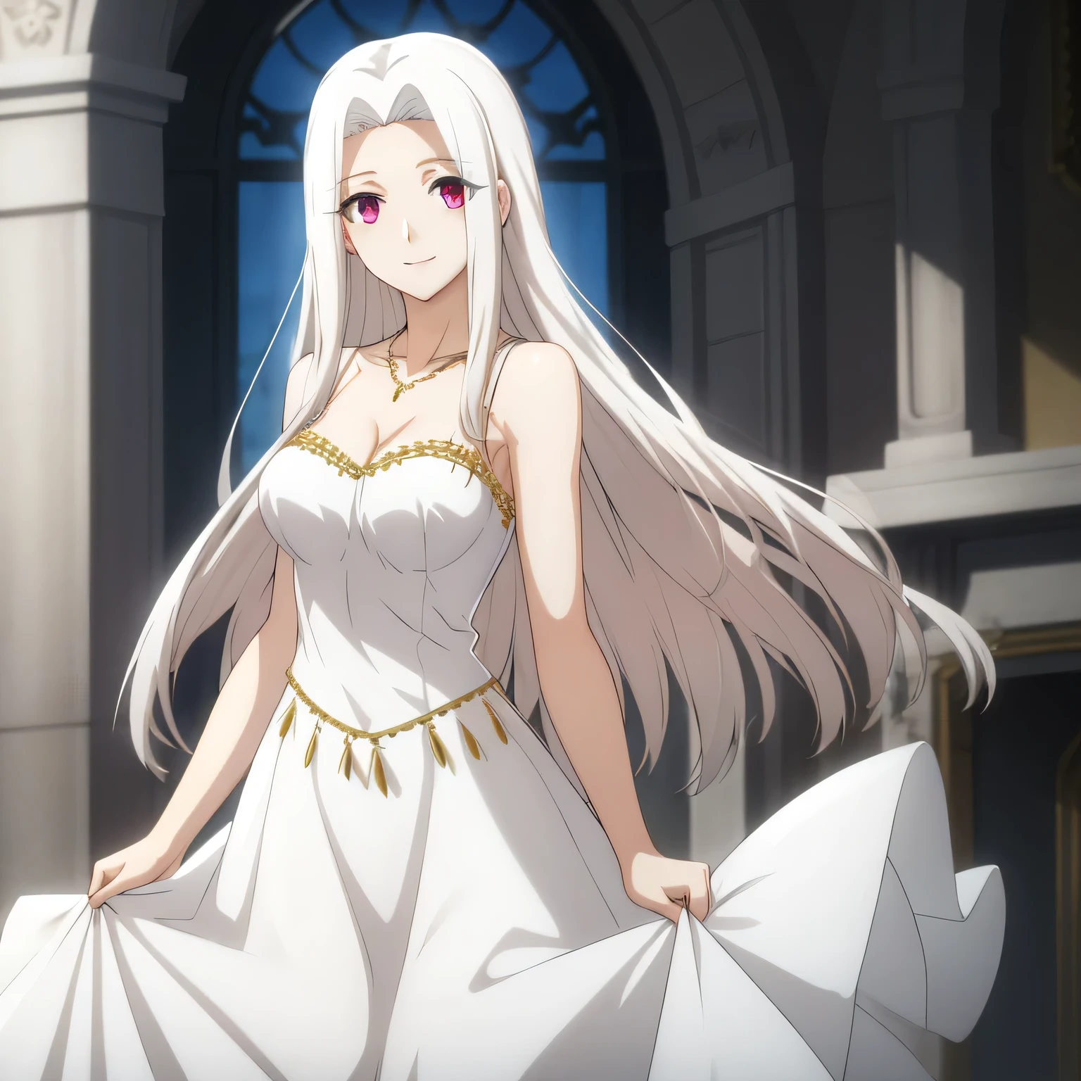Irisviel,cold sheer dress sleeveless,solo,looking at viewer,beautiful smile,arm at side,middle size of breast,beautiful necklace,