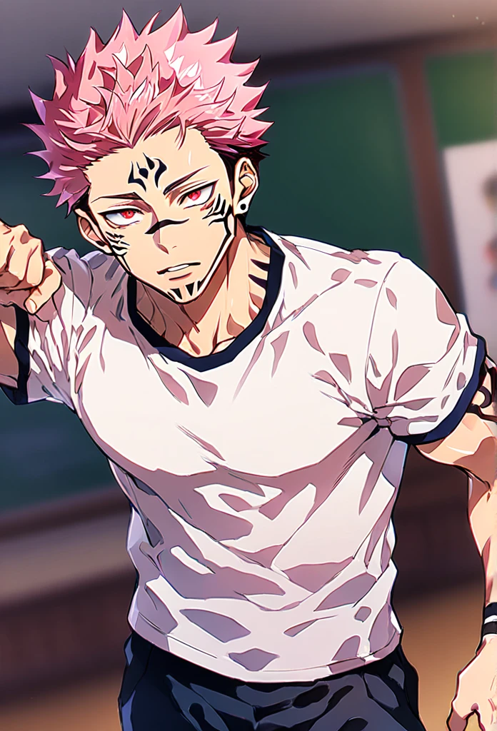 Ultra detailed, HDR, Highres, absurdres, masterpiece, best quality, solo focus, Ryoumen Sukuna, pink hair, expressive red eyes, white long-sleeved shirt, black pants, Jujutsu Kaisen, sexy man, handsome, classroom, handsome, sensual, solo, manly, man, kabedon, looking at viewer