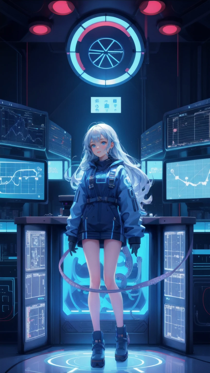 Design an image in a futuristic, blue-themed control room, replacing the octopus-like figure with a cute girl who is calmly orchestrating the scene. The girl should have a confident and slightly smirking expression, conveying her mastery over the situation as she controls multiple puppet-like figures with strings. The background should be filled with screens displaying complex data, charts, and symbols, reflecting the idea of centralized control and precision in a digital world. The overall atmosphere should blend authority, strategy, and the high-stakes environment of modern technology